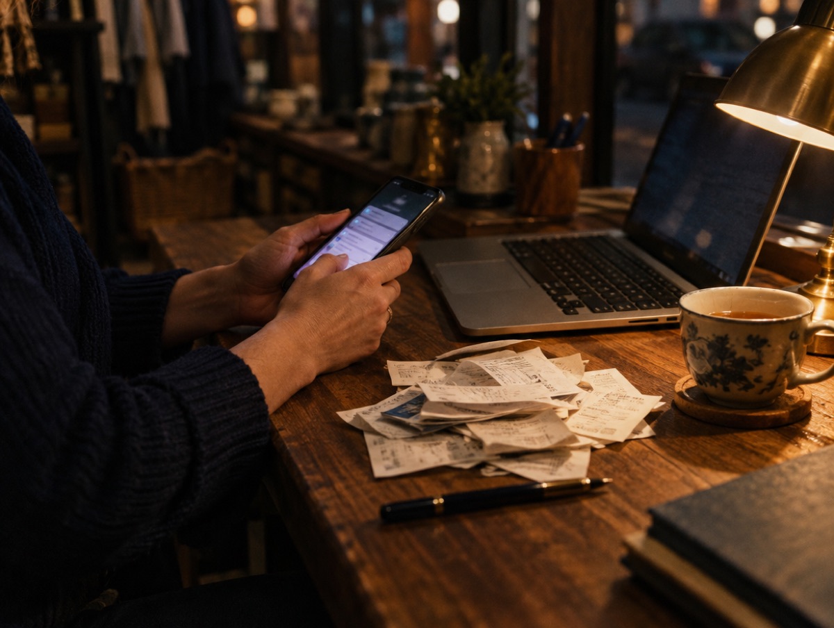 A business owner's hands at a counter late in the evening, with a phone, receipts and a laptop